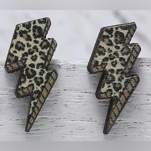 Leopard Print Wooden Lightning Bolt Stud Earrings